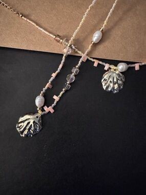 Handcrafted Pink Pearl crystal beads. Gold Shell Pendant Necklace and bracelet.